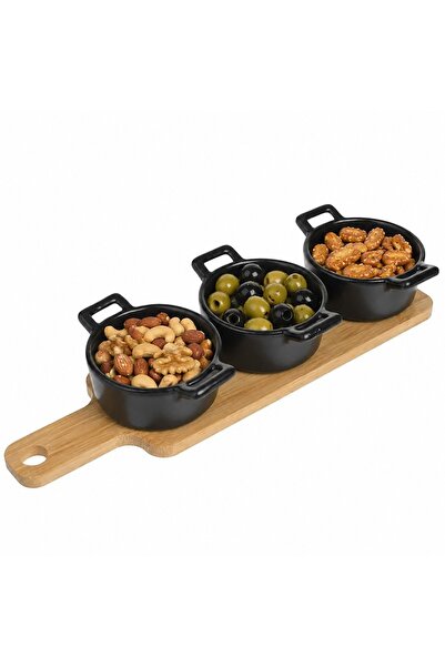 PUFO Set of 3 Simple ceramic bowls with wooden stand for appetizers, snacks, ...