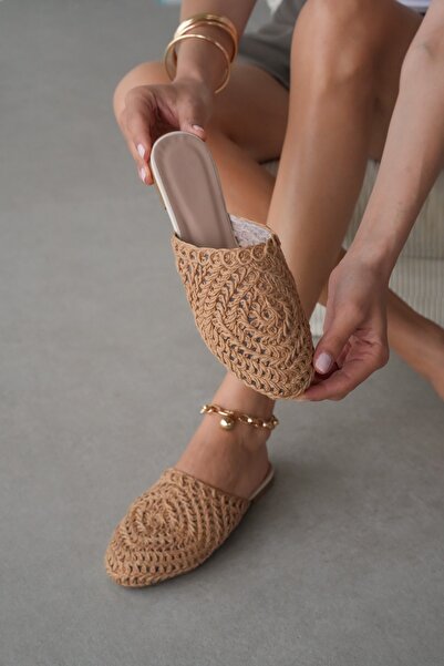 selin shoes Marevia Knitted Detail Inner Lined Flat Sole Women's Slippers - Taba