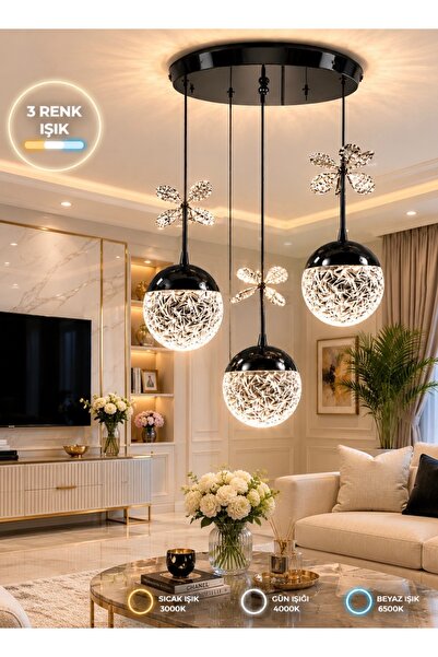 Buiva Bruce Black Sarkıt Avize 3 Renk Işık Salon Oturma Yatak Odası Mutfak Avize Power Led Avize