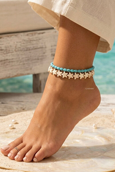 LIVOSH 2-Piece Turquoise and Magnetite Natural Stone Anklet