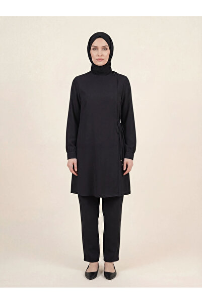 Beyza Umre Set with Side Tie Tunic and Trousers, Crew Neck, Long Sleeve, Blac...
