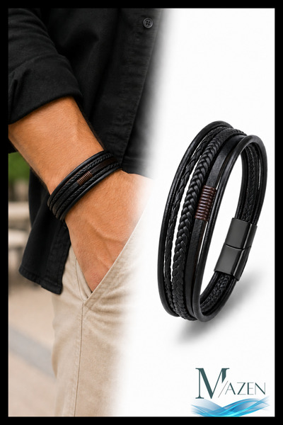 MAZEN Men's Leather Bracelet Black Brown Braided Design Magnetic Lock Bracelet