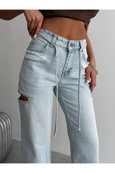 HerTon Women's High Waist Wide Leg Denim Trousers with Cut-Out Detail