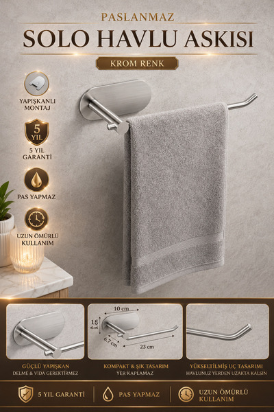 Alper Banyo Premium Çelik Mat Krom 304 Paslanmaz Havlu Askısı, Banyo Havluluk, Banyo Düzenleyicisi