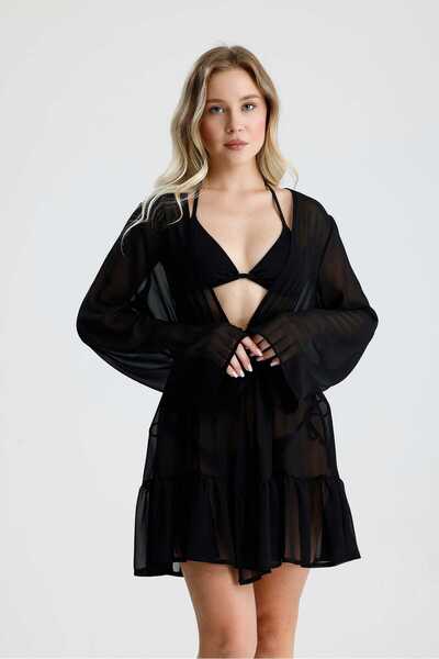 ZNG FASHİON Black Chiffon Ruffled Lace Pareo