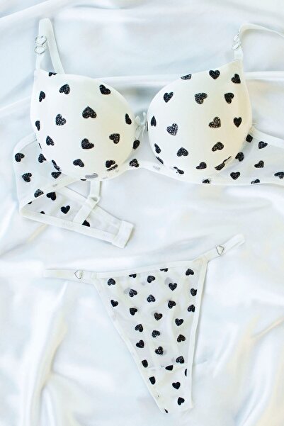 DNR İç Giyim Heart Printed Supportive Bra Set Ecru