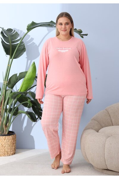 lindros Women's big size peach pink pajamas, Happy Saturday print, 100% cotton