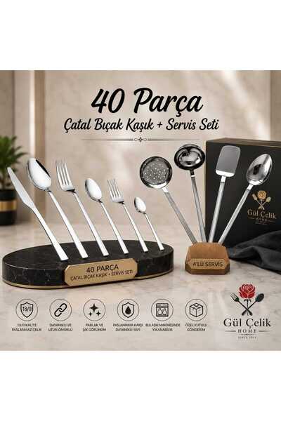 Gül Mutfak 40 Parça Çatal Bıçak Kaşık Mutfak Servis Seti 18/0 Kalite Paslanma...