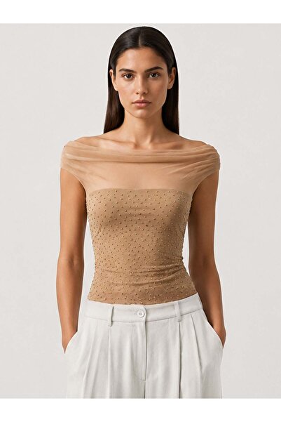 RİVUS Stone Detailed Blouse with Tulle on the Shoulders - Beige