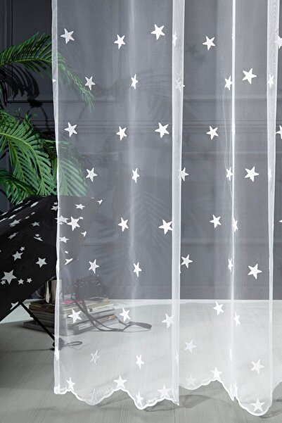 MAGİZA Tulle Curtain with Star Pattern, No Ironing Required, 1 and 3 Layers, ...