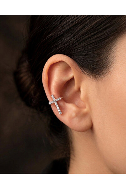 Alsem 925 Ayar Gümüş Kaplama Zirkon Taşlı Haç Figürlü Earcuff Küpe , Haç Deta...