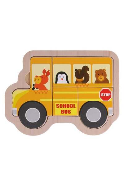OEM Puzzle educativ din lemn pentru copii, Autobuz Scolar (4 piese) 16x12cm, ...