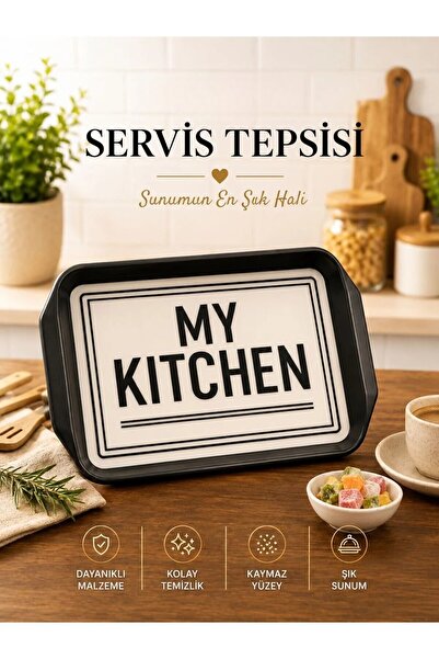 Galeriyo My Kitchen Desenli Büyük Boy Servis Tepsisi Çay ve Kahve Tepsisi