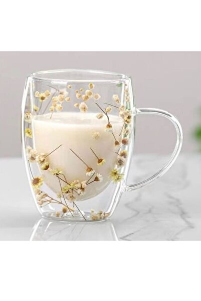 OEM Double Wall Mug with Dried Flowers Inside Beige Color, 350 ml