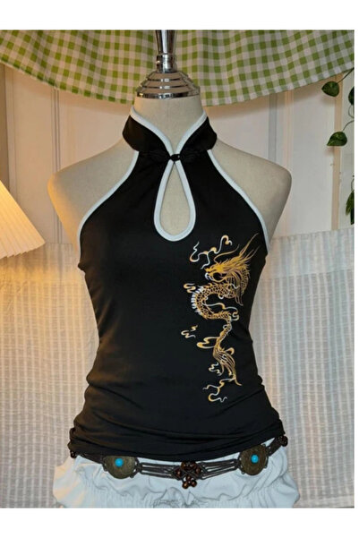 İsra Ayyıldız Moonstar Collection Siyah Dragon Embroidered Keyhole Harajuku A...
