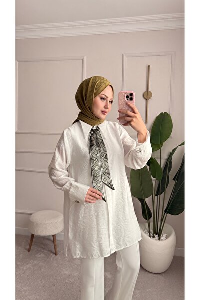 ensade Wide Cuff Tunic with Scarf Detail - Comfortable Fit, Summer Textured F...