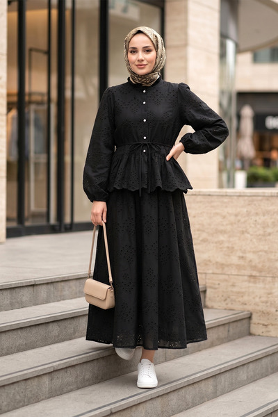 FERHEL Women's Lined Pearl Button Scalloped Linen Blouse Skirt Set - Black