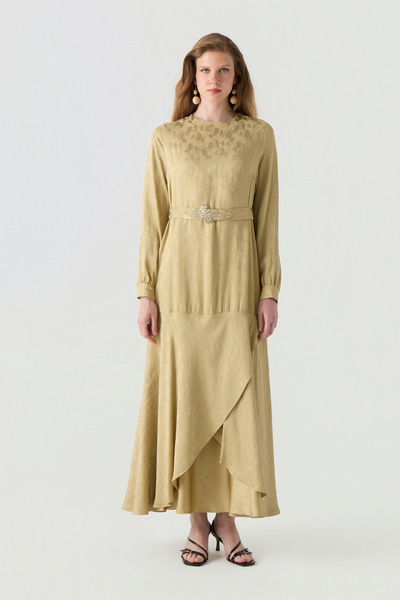 Zühre Patterned Belted Layered Beige Dress 0554