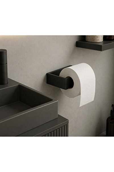 YDGR Siyah Metal Tuvalet Kağıtlığı Yapışkanlı – Modern Banyo WC Kağıtlık
