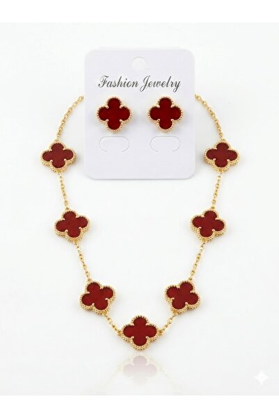 Zinora 2 Piece Elegant Clover Jewelry Set – Necklace & Stud Earrings , Red co...