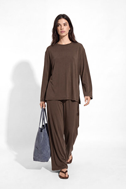 Hooopstore Modal-Containing Comfortable Cut Brown Trouser Suit