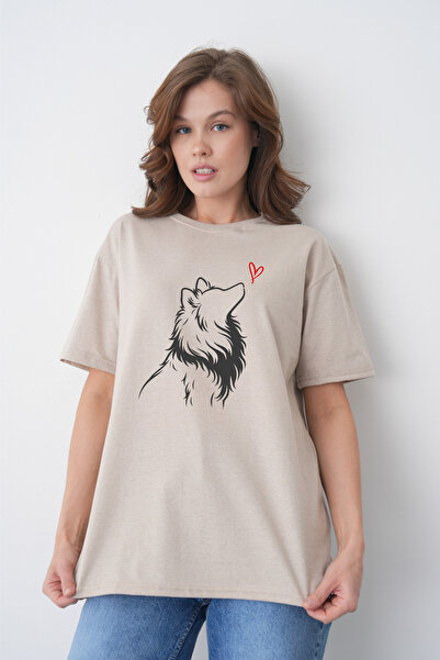 TREND EMMODA Tricou de damă minimalist, cu imprimeu cu cățeluș și inimă, cu g...