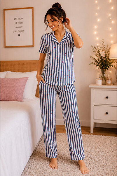 Manolya Kadın Çizgili Kalp Desenli Pijama Takımı Düğmeli Uzun Paça Ev Giyim