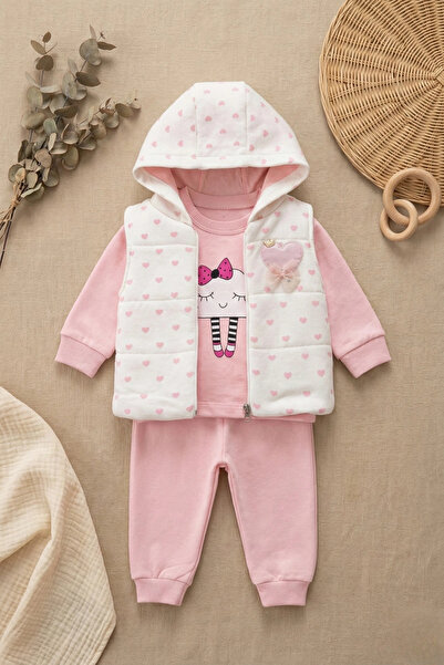 Babydonat Kalp Desenli Yelekli Mevsimlik Kız Bebek Takım