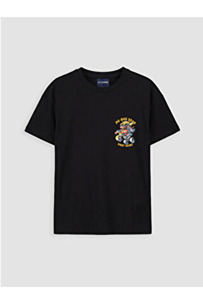 LC Waikiki New Season Black Crew Neck Printed Boys' T-Shirt