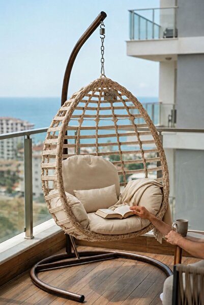 DEMHARİS Tek Kişilik Rattan Gümbet Bahçe Salıncağı Minderli Balkon Teras Salı...