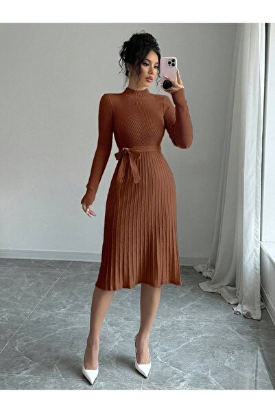Iuliashop Rochie midi tricotată maro deschis Sara - L