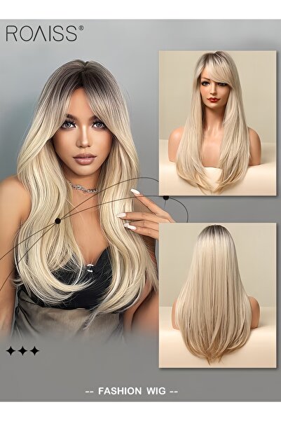 ROAISS Ombre Blonde Dark Root Wig with Bangs, Long Hair Wig for Women Straigh...