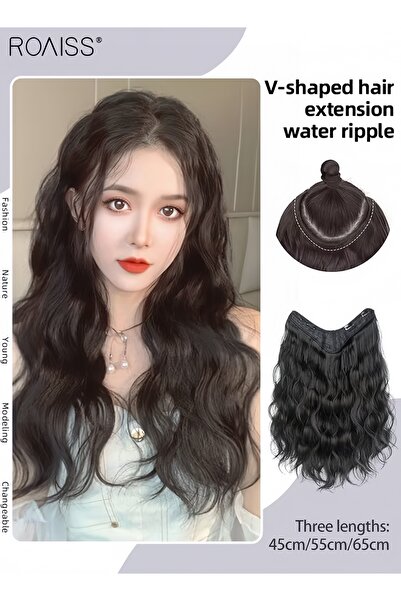 ROAISS V-Shaped Light Brown Hair Extension One Piece Wavy Wig with 4 Clips He...