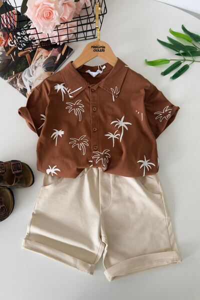 Minigimin Cicileri My Little Boy's Palm Tree Printed Buttoned Shorts Set - Brown