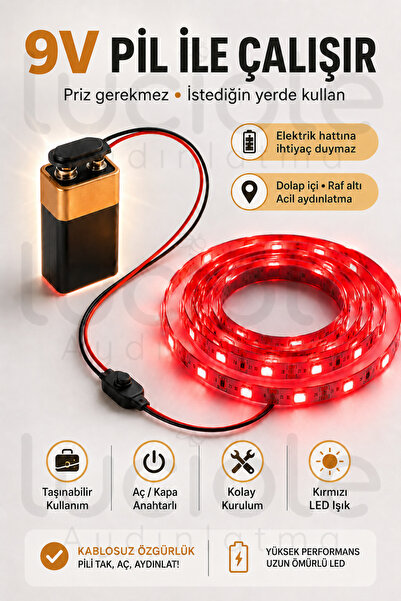 luciole 3 Metre Kırmızı 9V Pilli Anahtarlı Şerit LED Set Pil Dahil Prizsiz Ya...