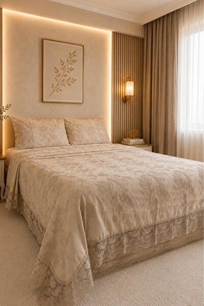 Çeyiz Diyarı Juliet Embroidered Chenille 3-Piece Double Bedspread Beige