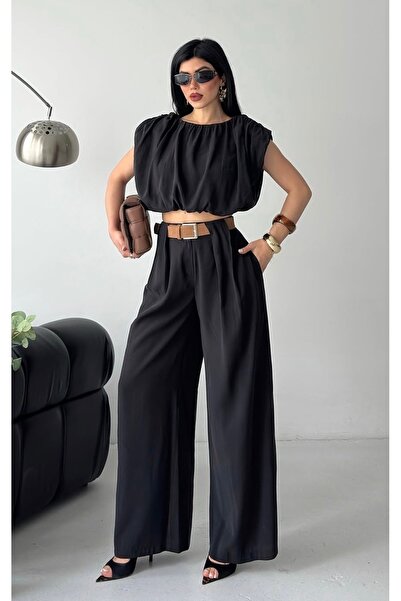 pembekurdelem Women's Summer Belted Trousers and Crop Blouse Set Black