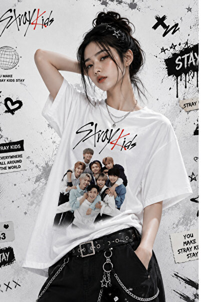 MECH BUTİK Μπλουζάκι Unisex με στάμπα StrayKids σε μαύρο και λευκό