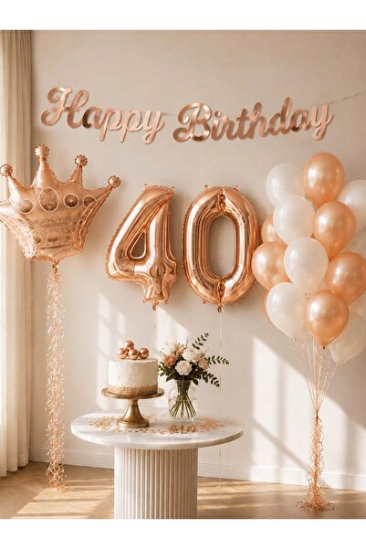 Parti Adresi 40 Yaş Doğum Günü Dekorasyon Seti – Balonlu Parti Seti Rose Gold