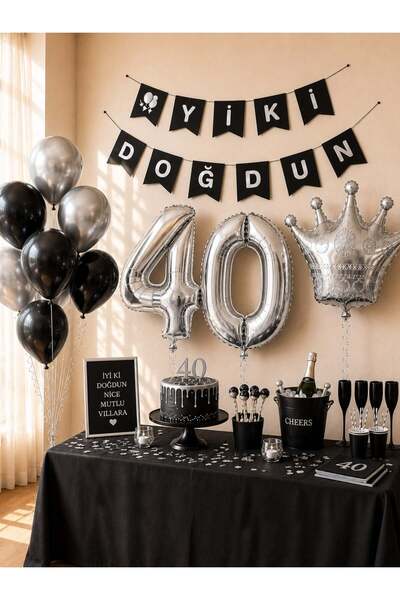 Parti Adresi 40 Yaş Balon Seti Doğum Günü Parti Seti Siyah Gümüş