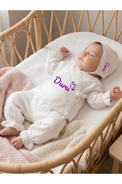 EGGBABY İsimli Hastane Çıkışı %100 Pamuk Müslin Fistolu Kravuze Model Kız Beb...