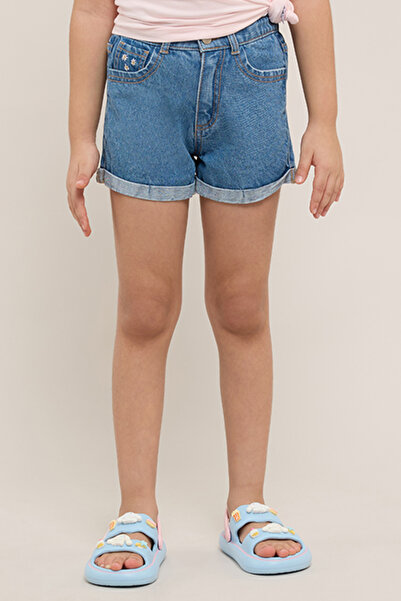 R&B Embroidery Denim Shorts with Button Closure