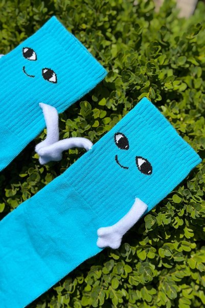 LouSocks Unisex Blue Holding Hands - Holding Hands Socks 1 Pair - Cute Face Expression Socks