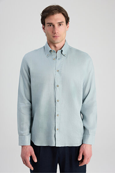 D'S Damat Ds Damat Comfort Mint Plain 100% Linen Shirt