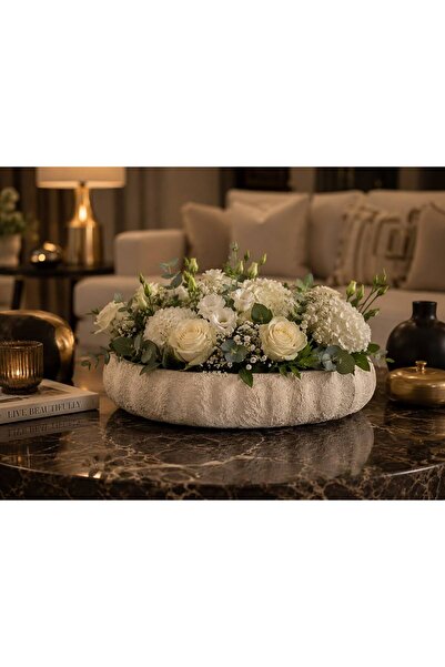 MdHomeDekorasyon Ceramic Textured Polyester Soft Ecru Deep Vase