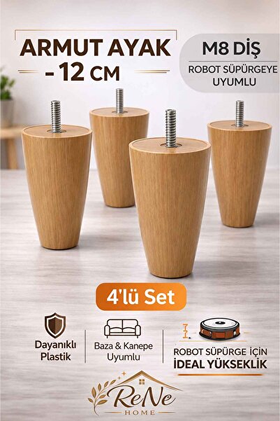 ReNe HOME Armut Mobilya Ayağı 4 Adet 12 cm (Açık Meşe) Robot Süpürgeye Uyumlu...