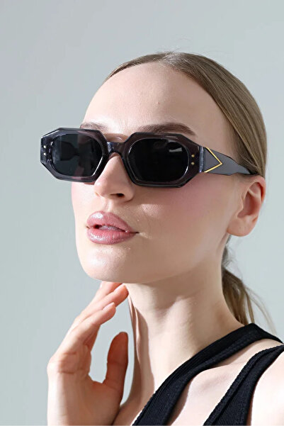 Violon Women's Black Frame Black Glass Sunglasses with Gold Handle Detail