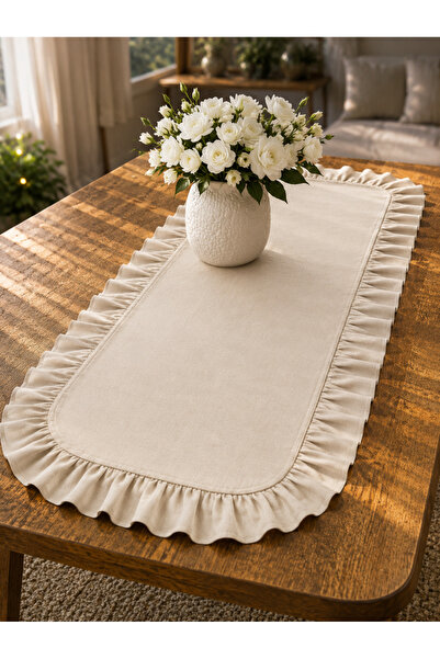 ŞAH TEXTILE DESIGN Taş rengi Sık Fırfırlı keten runner 40x110