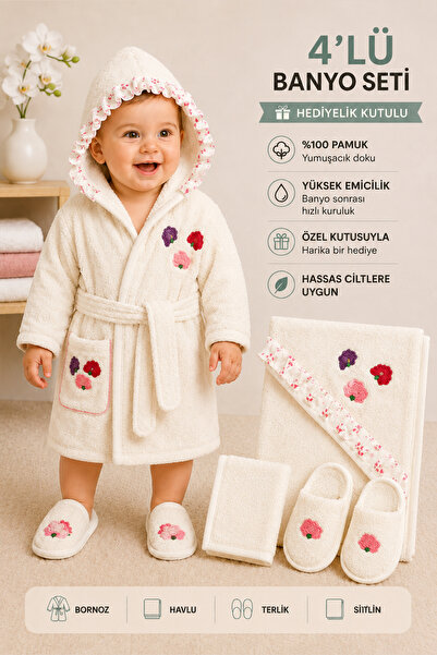 Sitilin Kız Bebek Lüks Premium Dantelli Bornoz Havlu Takımı %100 Pamuk yenido...