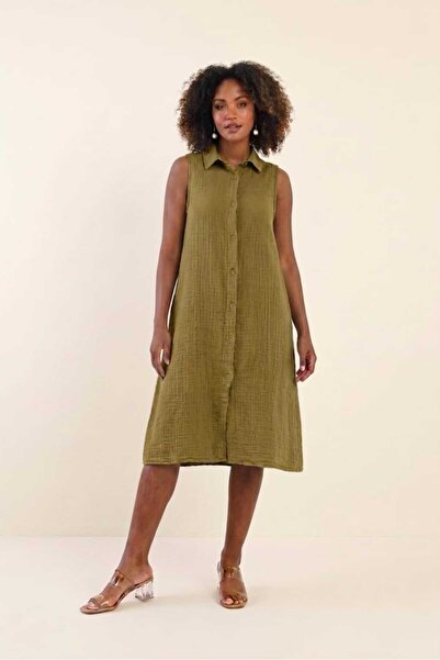 PORİENTO Oil Green Women's 100% Cotton Muslin Fabric Pocketed Buttoned Sleeve...